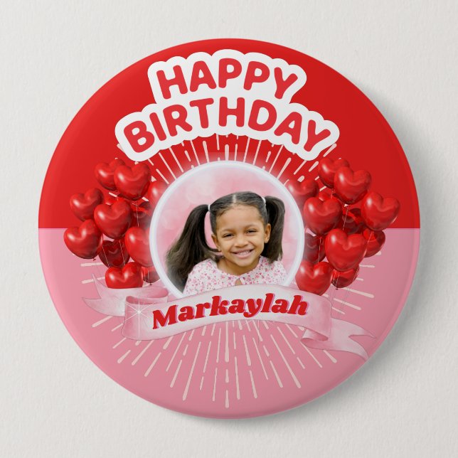 Happy Birthday Balloons Pink & Red Photo Button (Front)