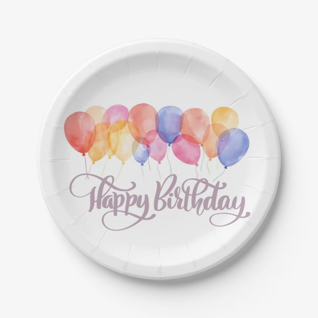 Happy Birthday Balloons Watercolor Birthday Party Paper Plates (Front)
