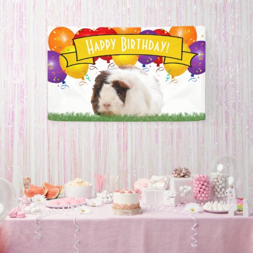 Happy Birthday Balloons White Guinea Pig Yellow Banner
