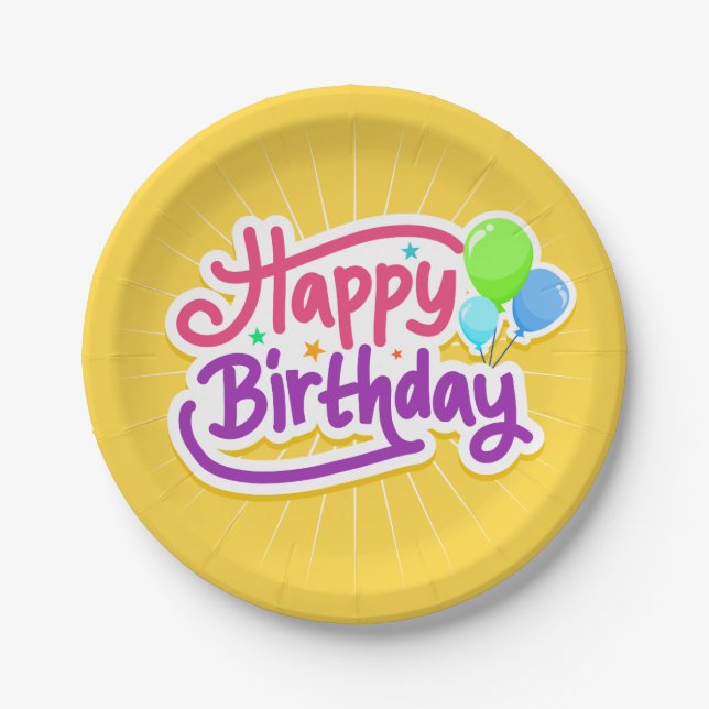 Happy Birthday Balloons Yellow Party Paper Plates (Front)