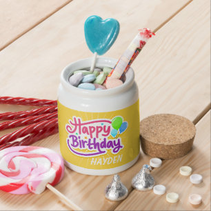 Happy Birthday Balloons Yellow Personalised Kids Candy Jar
