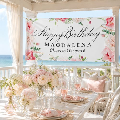 Happy Birthday Banner 100th Elegant Pink Peony