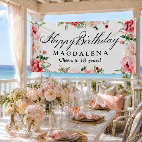 Happy Birthday Banner 18th Elegant Pink Peony