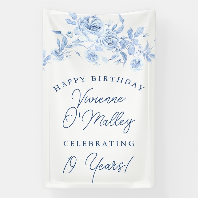 Happy Birthday Banner 19th Blue Floral Template (Vertical)