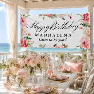 Happy Birthday Banner 25th Elegant Pink Peony