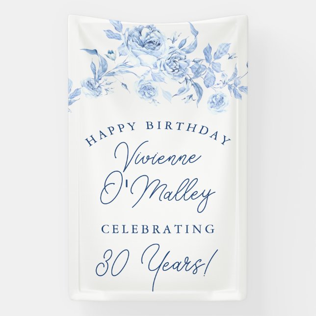 Happy Birthday Banner 30th Blue Floral Template (Vertical)