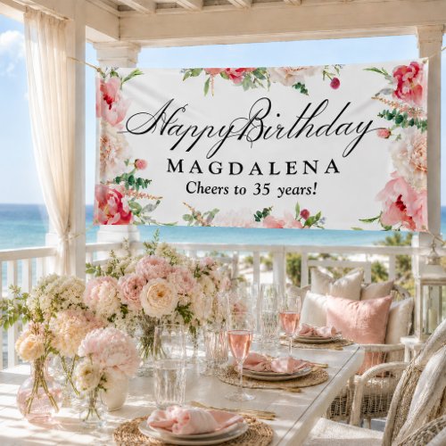 Happy Birthday Banner 35th Elegant Pink Peony