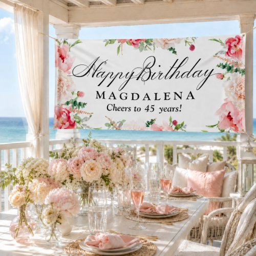 Happy Birthday Banner 45th Elegant Pink Peony