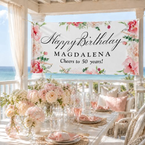 Happy Birthday Banner 50th Elegant Pink Peony