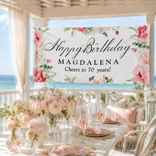 Happy Birthday Banner 70th Elegant Pink Peony