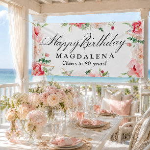 Happy Birthday Banner 80th Elegant Pink Peony