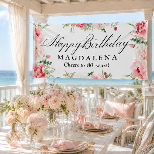 Happy Birthday Banner 80th Elegant Pink Peony