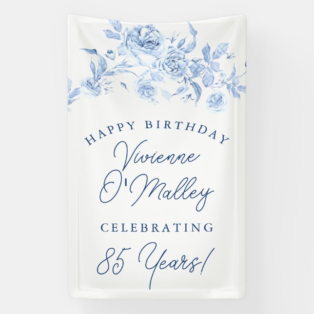 Happy Birthday Banner 85th Blue Floral Template (Vertical)