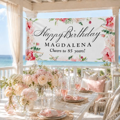 Happy Birthday Banner 85th Elegant Pink Peony