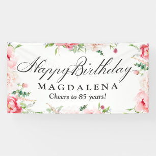 Happy Birthday Banner 85th Elegant Pink Peony