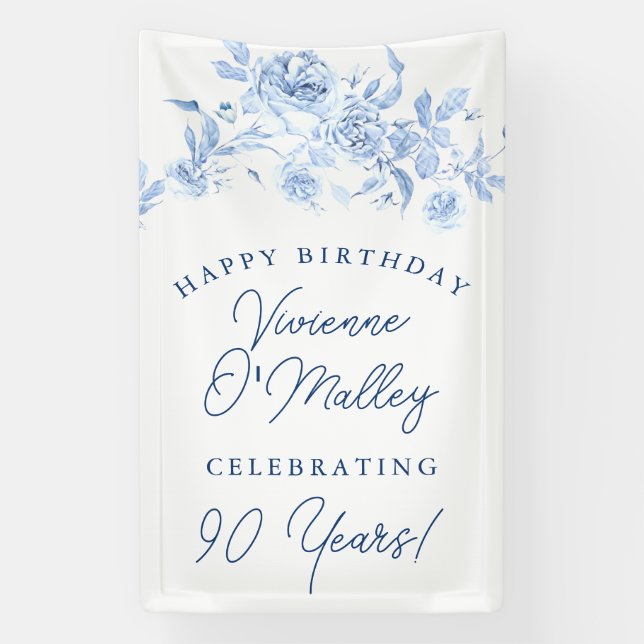 Happy Birthday Banner 90th Blue Floral Template (Vertical)