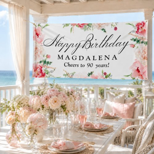 Happy Birthday Banner 90th Elegant Pink Peony