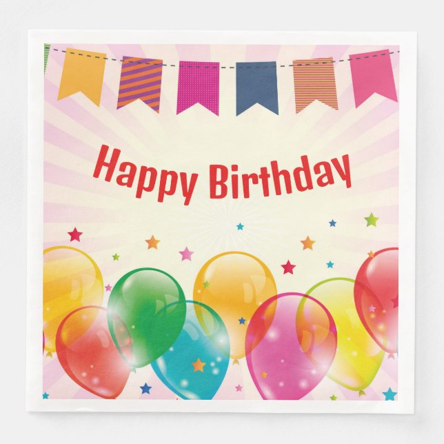 Happy Birthday Banner Balloons Paper Dinner Napkins (Front)