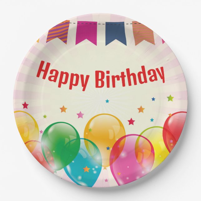 Happy Birthday Banner Balloons  Paper Plates (Front)