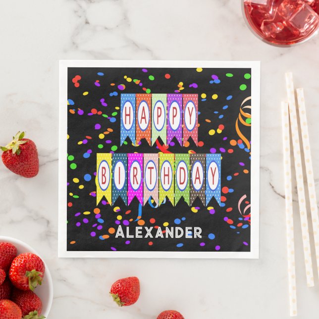 Happy Birthday Banner Confetti Black Name Party Paper Dinner Napkins (Insitu)