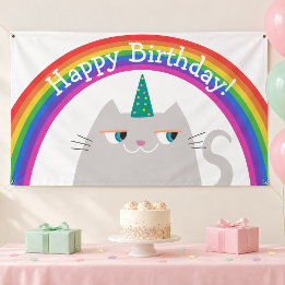 Happy Birthday Banner Cute Cat Rainbow
