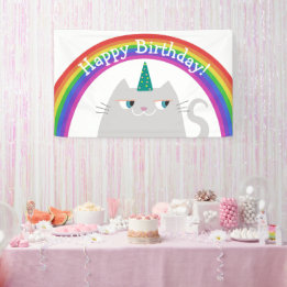 Happy Birthday Banner Cute Cat Rainbow
