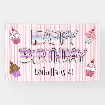 Happy Birthday Banner Girl's Pink Purple Cupcake by Magical_Maddness at Zazzle