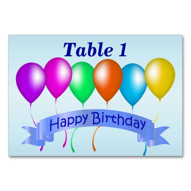 Happy Birthday Banner Row of Colorful Balloons Table Number (Front)