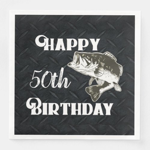 Happy Birthday Bass Fishing Age 50th Diamond Plate Paper Dinner Napkins