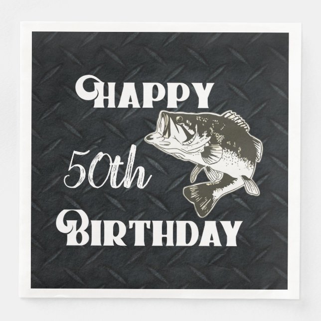 Happy Birthday Bass Fishing Age 50th Diamond Plate Paper Dinner Napkins (Front)