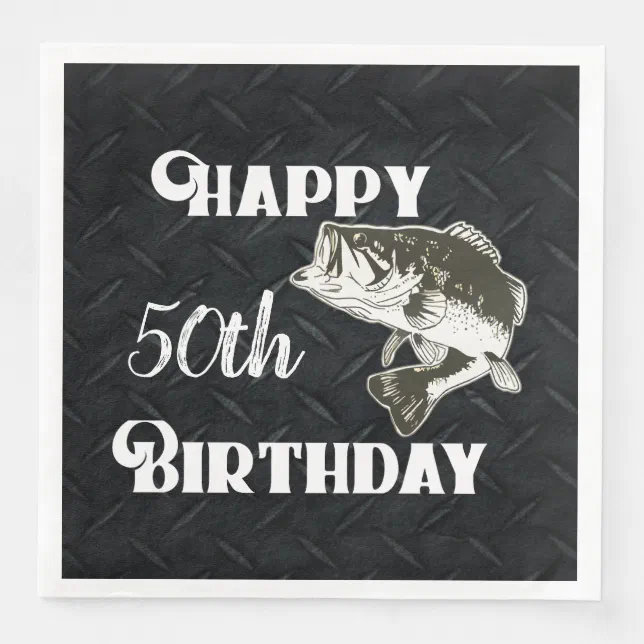 Happy Birthday Bass Fishing Age 50th Diamond Plate Paper Dinner Napkins