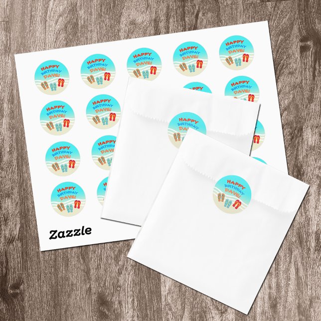 Happy Birthday Beach Party Personalized Classic Round Sticker (Creator Uploaded)