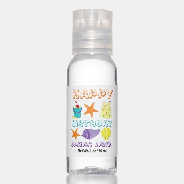 Happy Birthday Beach Party Sandcastle Sea Shells Hand Sanitizer (Front)