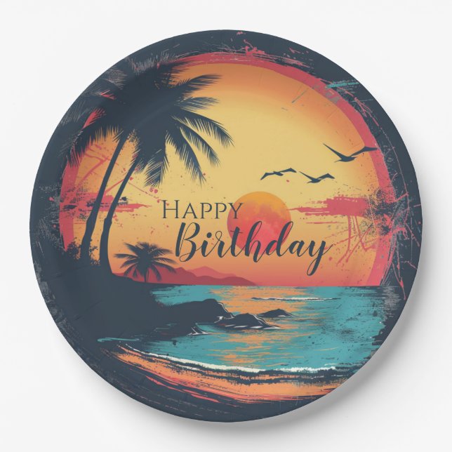 Happy Birthday Beach Retro Themed Paper Plates (Front)