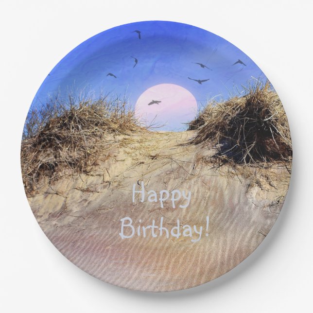 Happy Birthday Beach Sunrise Paper Plates (Front)