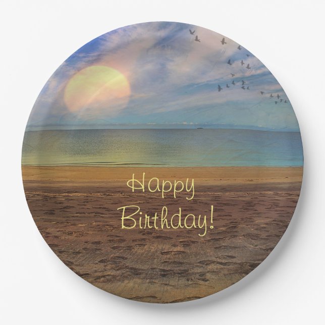Happy Birthday Beach Sunset Paper Plates (Front)