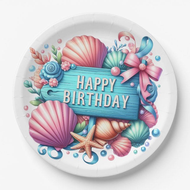 Happy Birthday Beach Tropical Theme Paper Plates (Front)