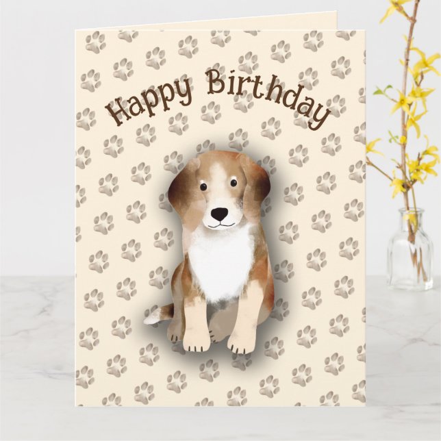 Happy Birthday Beagle with dog footprints Card (Yellow Flower)