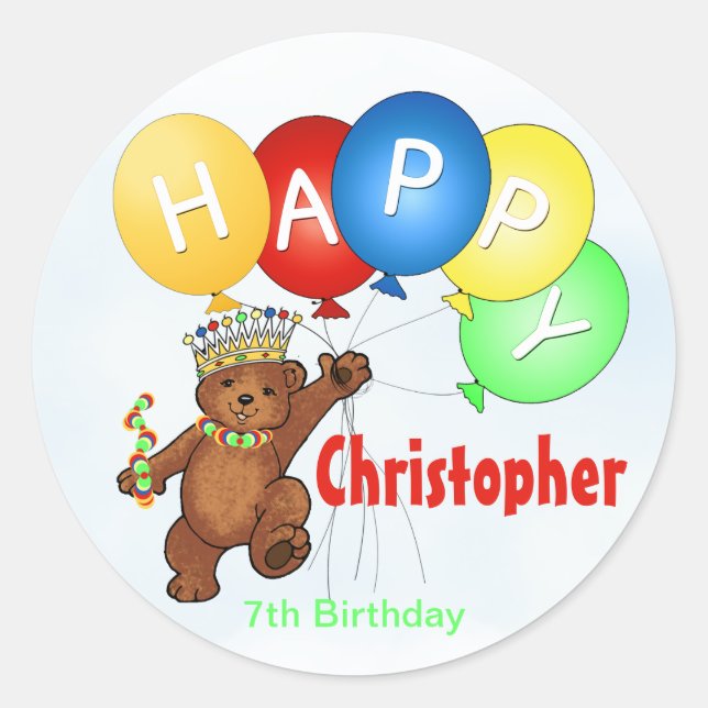Happy Birthday Bear 7th Birthday Classic Round Sticker (Front)