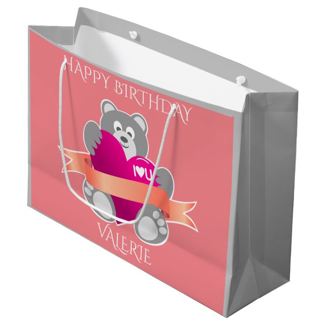 Happy birthday bear gift bag personalized name. (Front Angled)