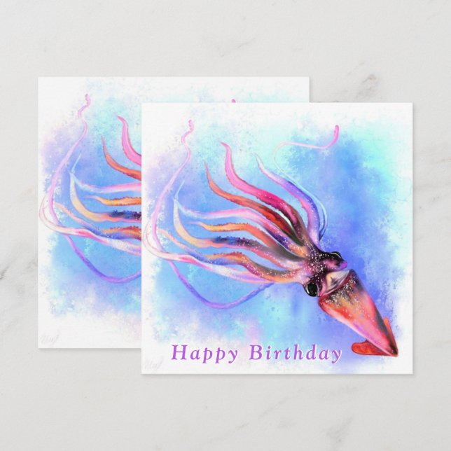 Happy Birthday - Beautiful Colorful Squid Swimming (Front/Back)