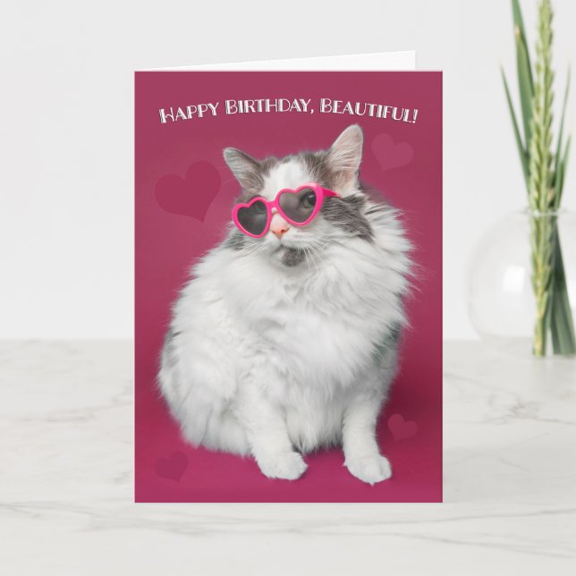 Happy Birthday Beautiful Cute Cat in Sunglasses  Holiday Card (Front)