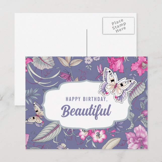 Happy Birthday, Beautiful. Flowers & Butterfly Postcard (Front/Back)