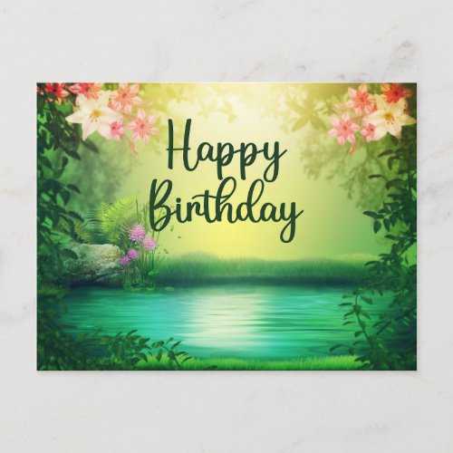 Happy Birthday Beautiful Nature Lake  Flowers  Postcard