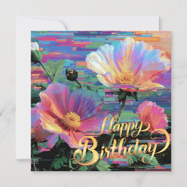 Happy Birthday beautiful neon flowers card (Front)