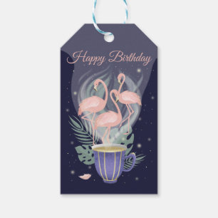 Happy Birthday Beautiful Pink Flamingo Tea Time Gift Tags