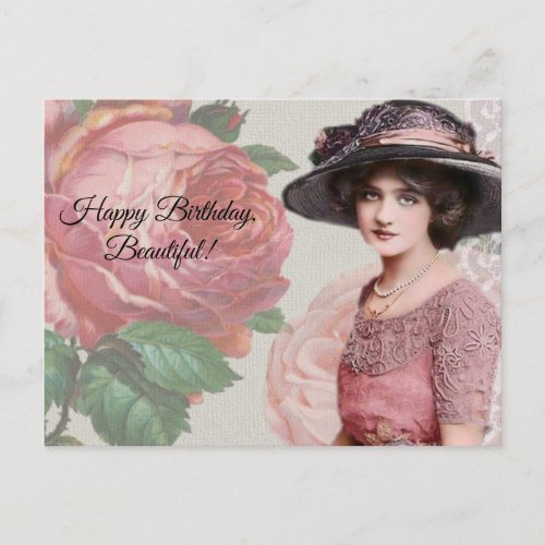 Happy Birthday Beautiful _ Vintage Lady and Rose Postcard