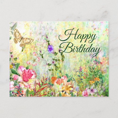 Happy Birthday Beautiful Watercolor Garden Flowers Postcard