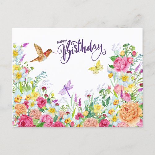 Happy Birthday Beautiful Watercolor Garden Flowers Postcard