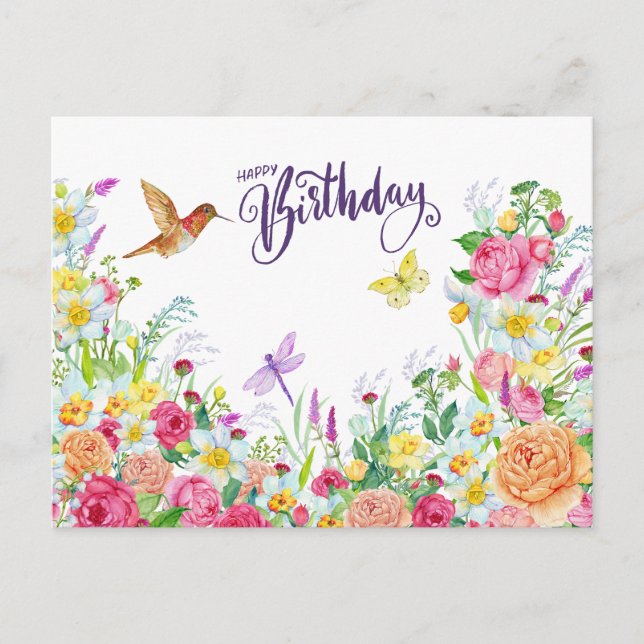 Happy Birthday Beautiful Watercolor Garden Flowers Postcard (Front)